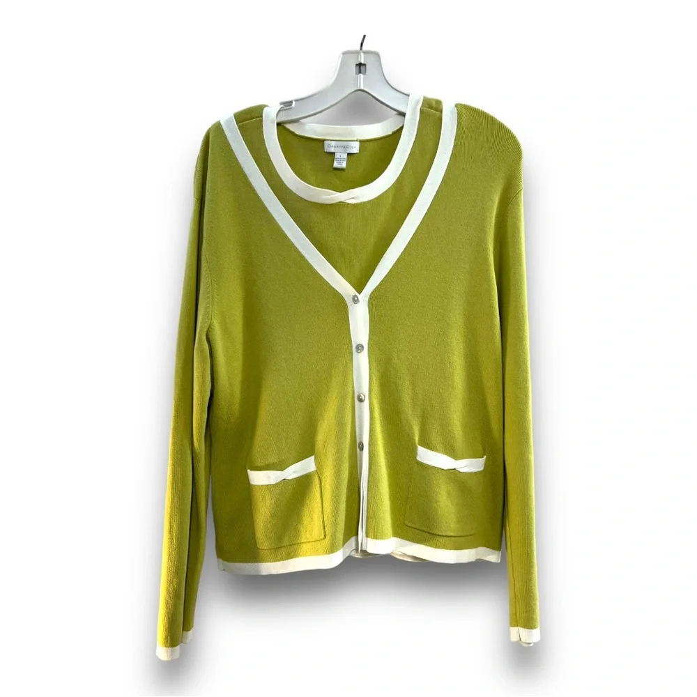 CHARTER CLUB Vintage Y2K Olive green white trim cardigan and tank top SZ L - Picture 13 of 16
